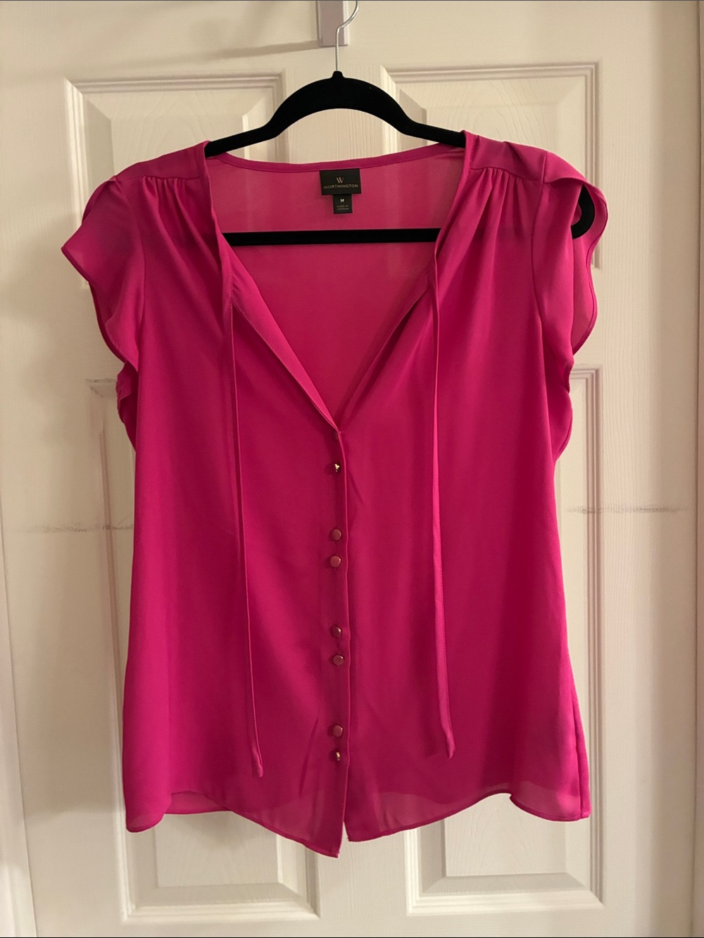 Worthington Hot Pink Button-Front Cap Sleeve Blouse